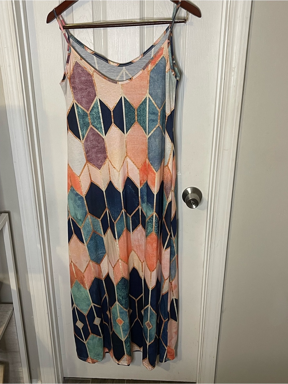 Sleeveless Geometric Print Maxi Dress - Navy & Coral